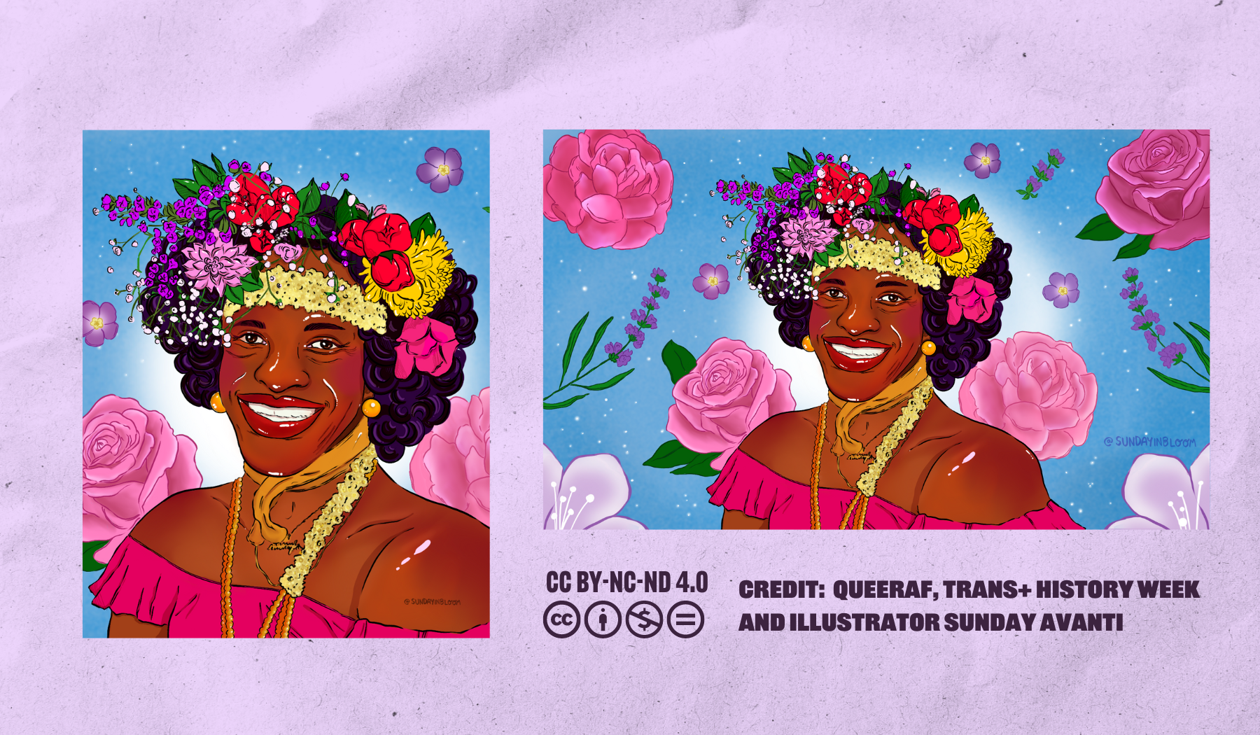 Marsha P. Johnson Trans+ History Week and QueerAF illustration by QueerAF, Trans+ History Week, Sunday Avanti is licensed under CC BY-NC-ND 4.0